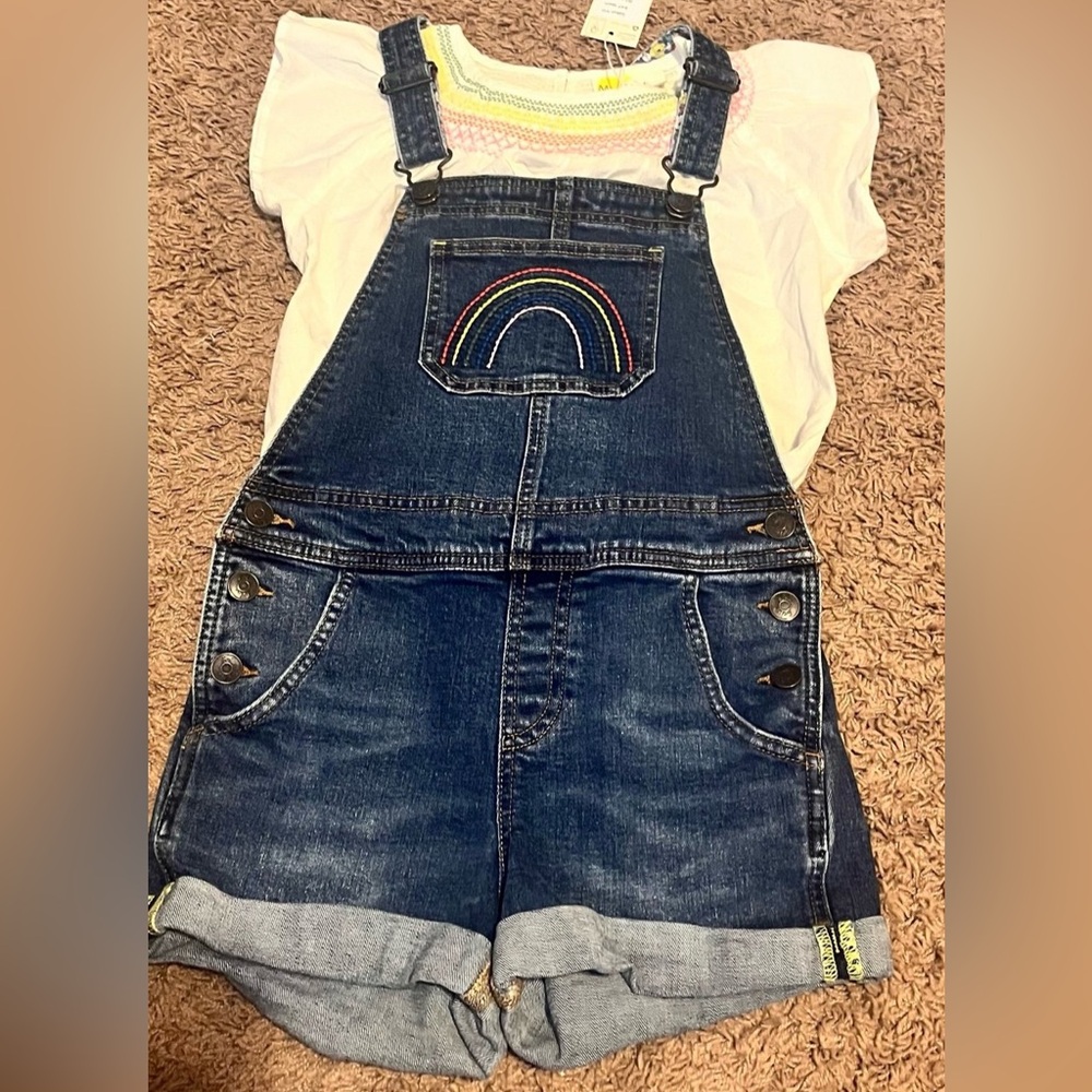 Mini Boden Blue Denim Overalls with Rainbow Detail